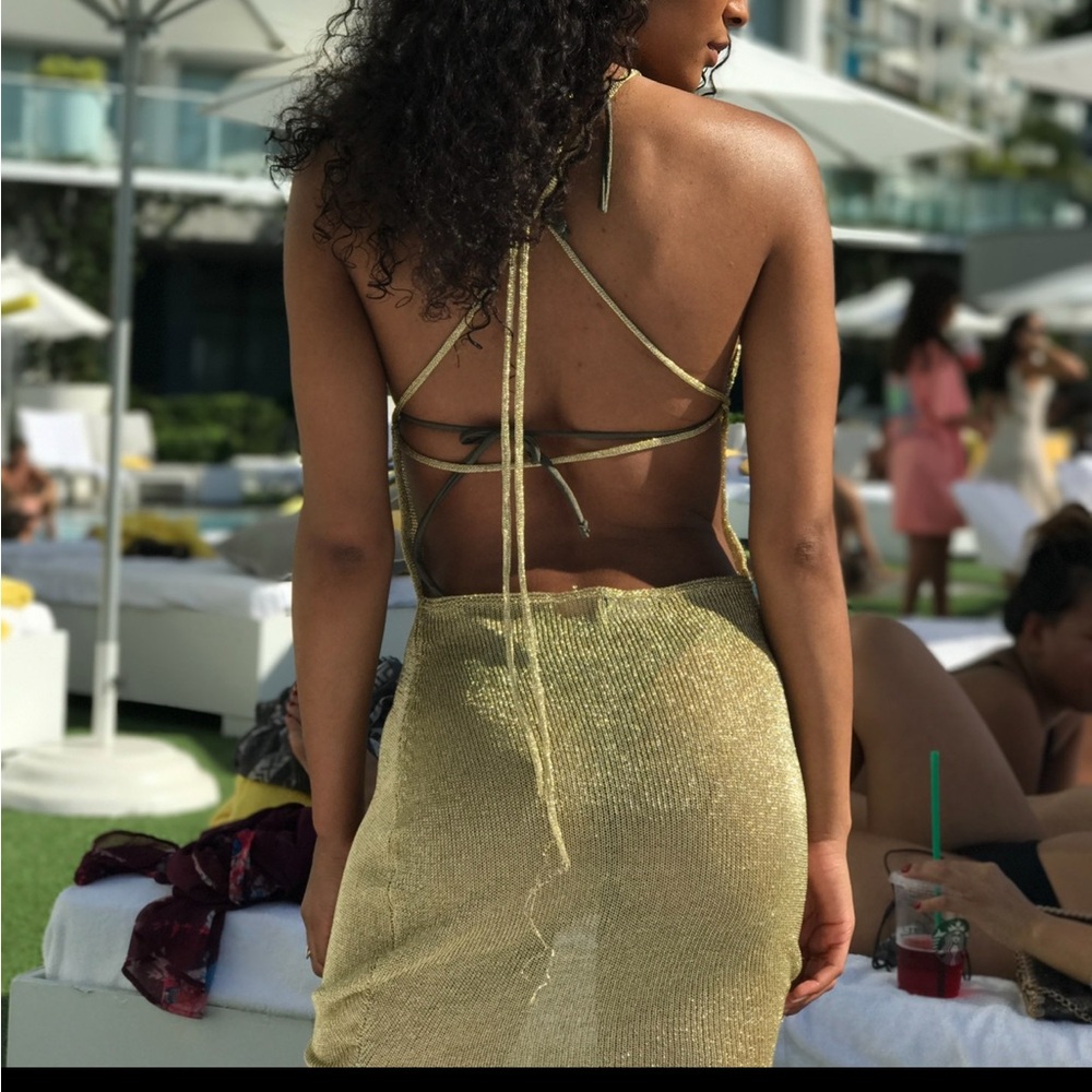 Oh Polly Gold Halter Sundress Resort Wear